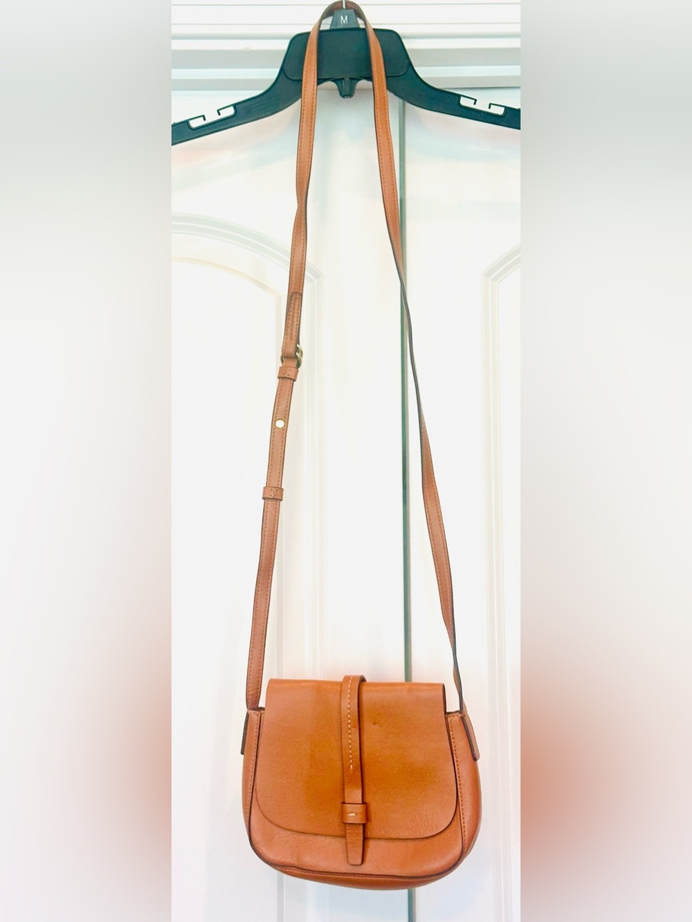 Gap Camel Color Faux Leather Saddle-Style Crossbody Bag w/Adj Strap Gold Accent